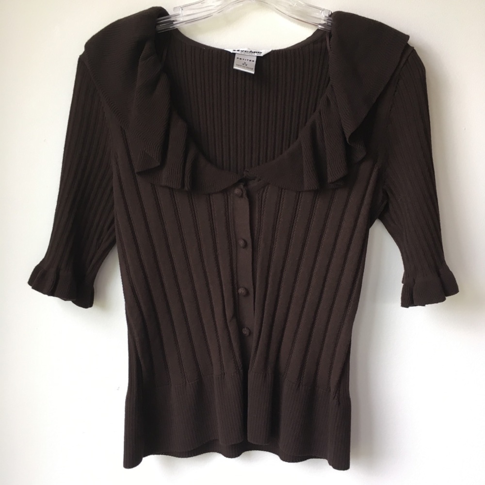 Nygard Button Down Sweater-Ruffle Collar-Petite Sm